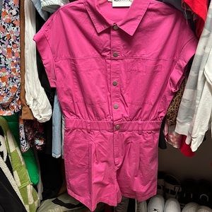 Hot pink denim romper